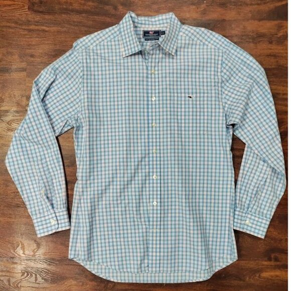 Vineyard Vines Slim Fit Blue Gingham Plaid Long Sleeve Tucker Shirt Men's Large - Picture 3 of 9